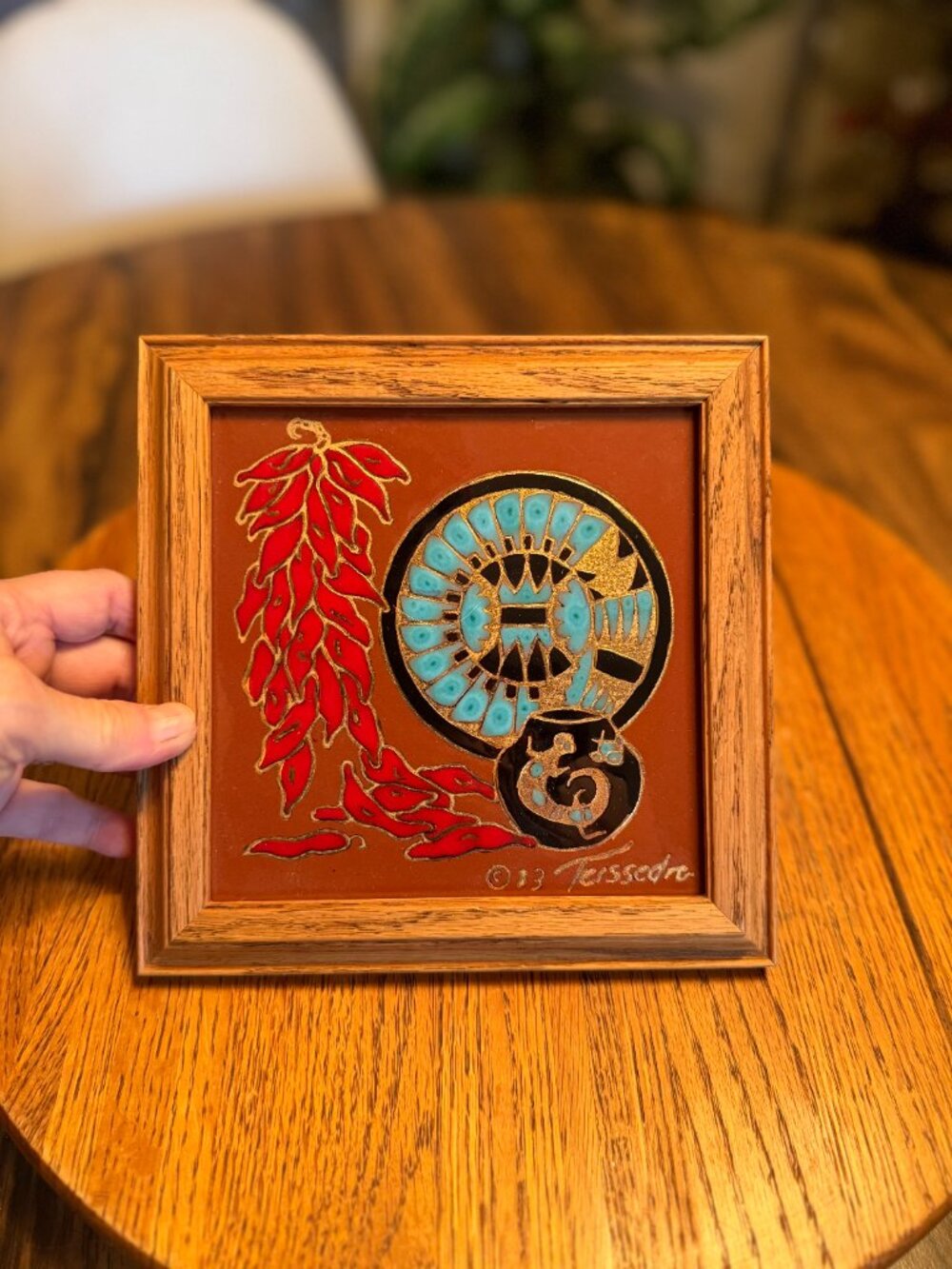 1980s Southwestern Ceramic Tile art by Cleo Teissedre 24K Gold Accent